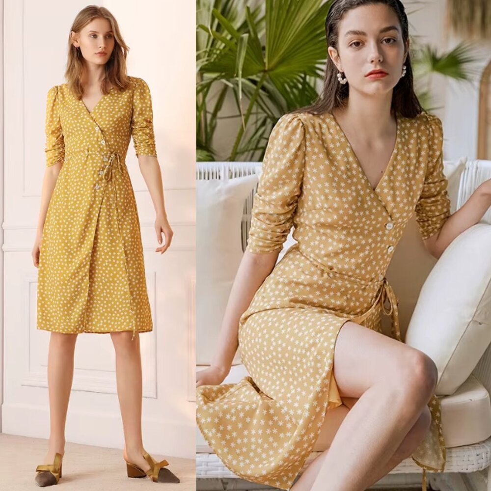 SIMPLE RETRO Wrap Dress in Mustard Yellow Size XS